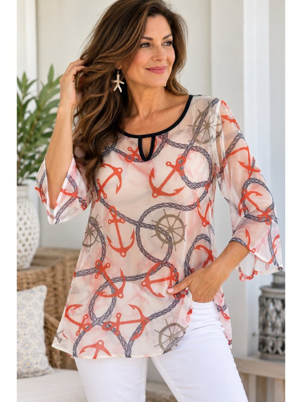 Cal Style Anchor Blouse M Coastal Grandma Nautical Resort Beachcore NWT Sailor